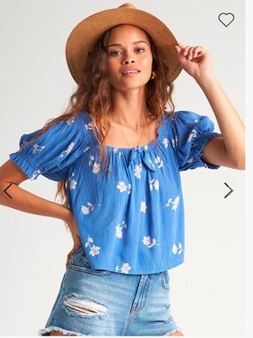 Billabong Blue Floral Off-Shoulder Peasant Top